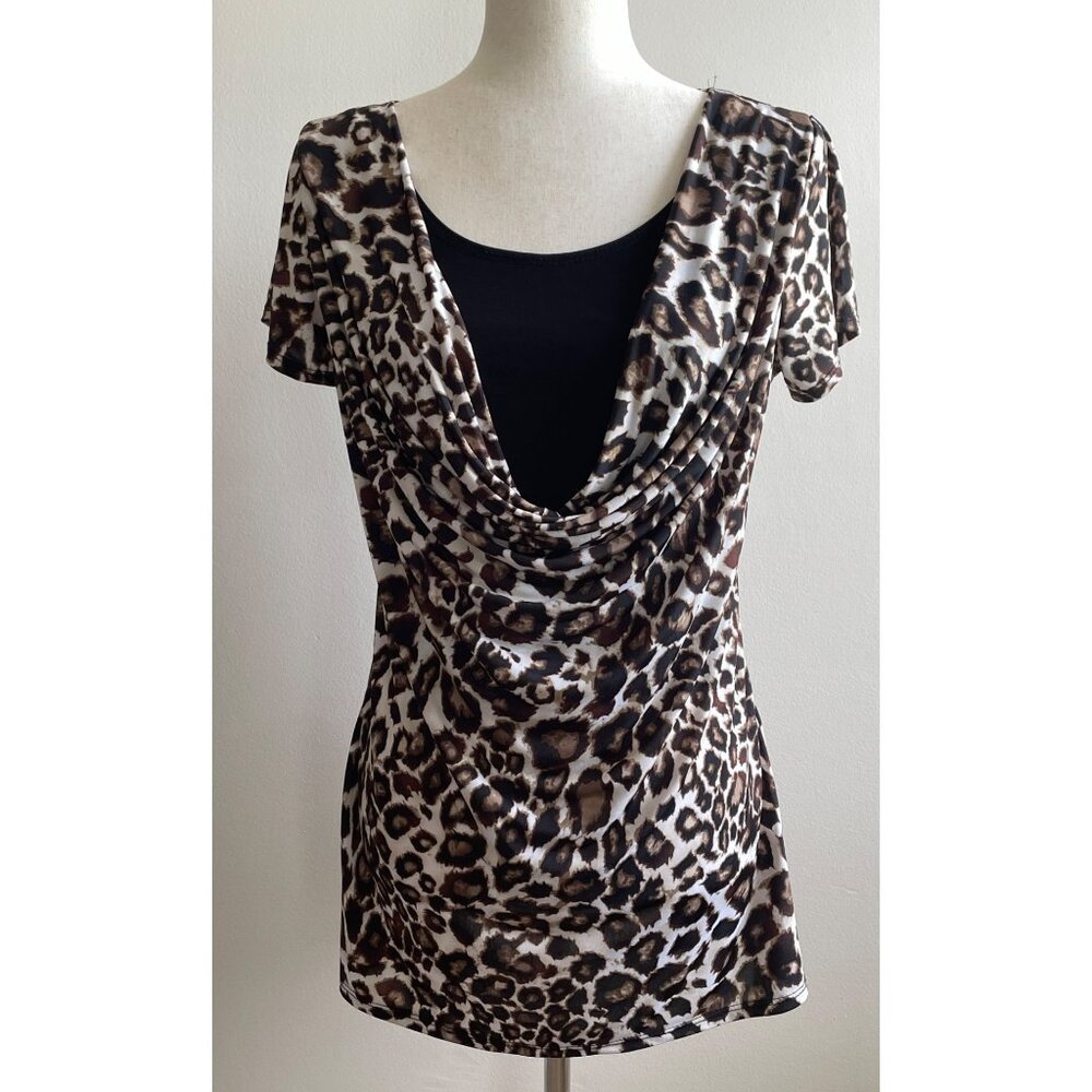 Y2K Jason Maxwell Animal Print Blouse Womens L Draped Neckline Short Sleeve